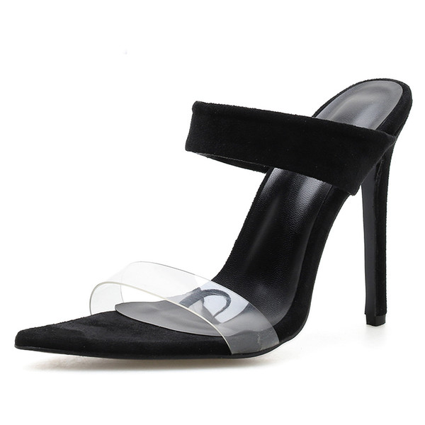 New 2019 Summer Fashion High Quality PVC For Women Shoes Women's Sandals Slippers Open Toe Thin Heels Pumps High Heels Black . LX-098