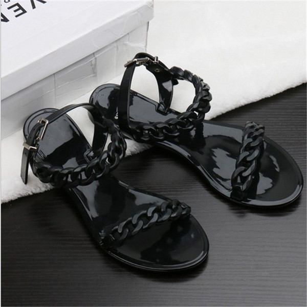 New Summer Plastic chain beach shoes candy color jelly sandals chain flat bottomed out sandals