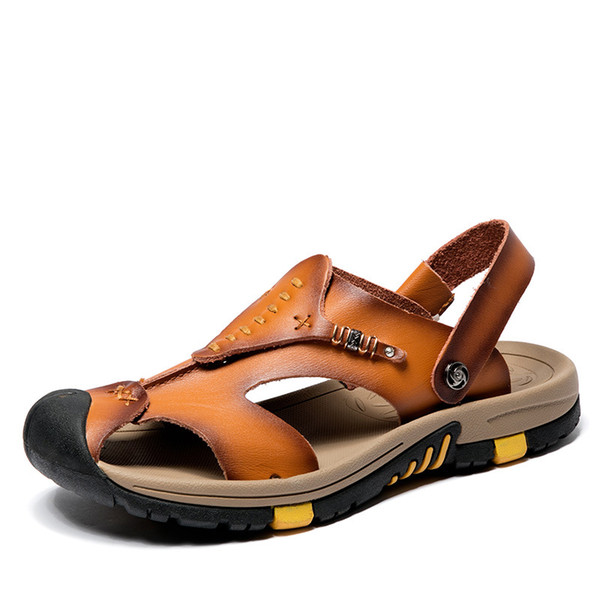 Genuine leather Man sandals big size men slide breathable cool summer outdoor men cowleather slipper brown sandal for man zy331
