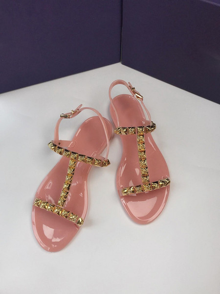 Buckle Strap Jelly Sandals Summer Women Fashion Sandal Cross Strap Flat Rivet Casual Shoes Flat Sandals Shoes Rubber with Fragrance Sole S1W