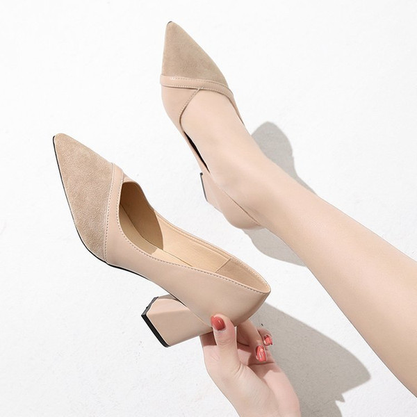 Sexy2019 Pattern Coarse With Single Shoe Sharp High-heeled Korean Split Joint Asakuchi Work Women's Shoes