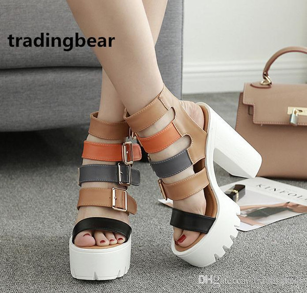 Sexy2019 Pop Womens Buckles Thick Platform Chunky High Heels Multi Strappy Gladiator Sandals 2 Colors Size To