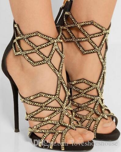 SexyGeometric Laser Woman Sandals Crystal Embellished Cut-out High Heels Dress Shoes Newest Back Zipper Cage Shoes Gold