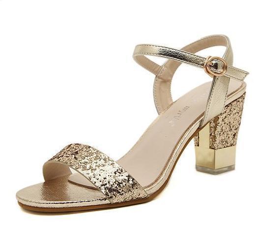 Sexy2019 Sparkly Gold Paillette Chunky Heel Sandals Pop High Heels Women Shoes Summer Sandals Ladies Prom Gown Dress Shoes Size To