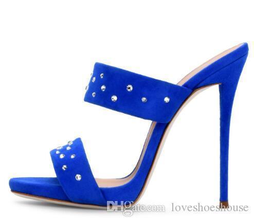 SexyBlue Faux Suede High Heel Mules With Crystal Nude Elegant Sandals Women Studded Dress Heels Ladies Summer Slim Platform Shoes