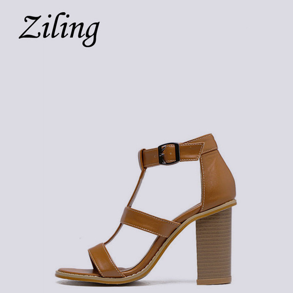 Sexy2019 Ziling 1001 Korea Single Big Card Solid Color Toe Hollow Out Coarse High With Sandals T Buckle Type Bring Women's Shoes