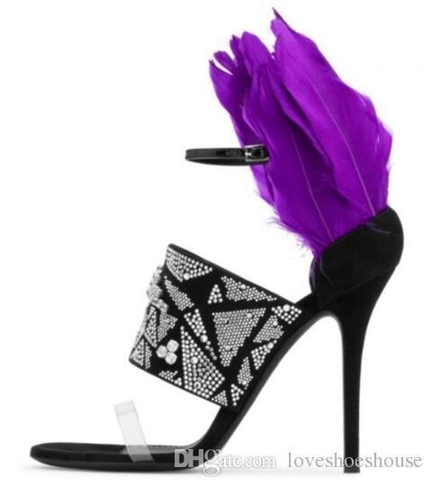 SexyPurple Feather Woman Sandals PVC Strap High Heels Shoes Crystal Embellished Cut-out Dress Shoes Thin Heels Summer Sandals