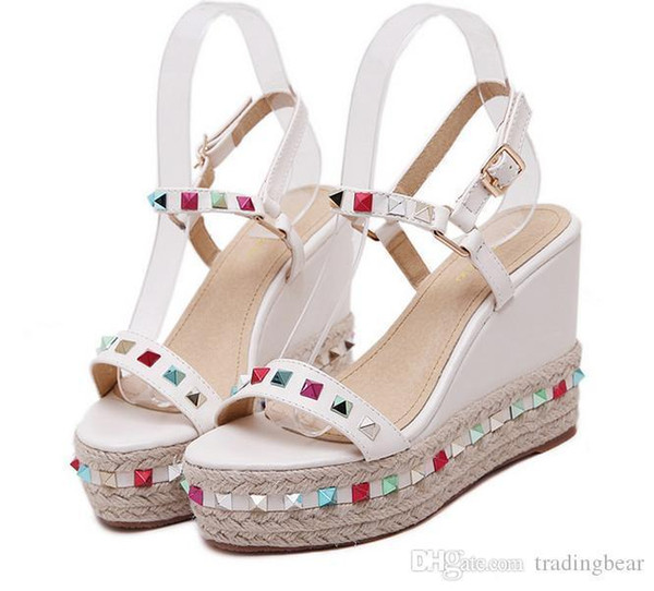 Sexy2019 Colorful Rivets Straw Woven High Platform Wedge Shoes Style Beach Shoes Summer Colors Size To