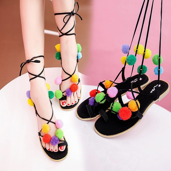 Sexy2019 Pattern Flat Bottom Korean Crossing Bandage Toe Flower Woman Sandals Beach Shoes