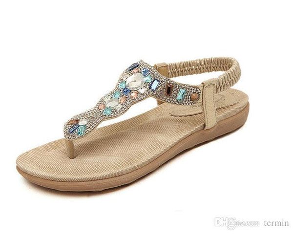 Pop 2019 Sale Summer Sandals Diamond Soft Leather Comfortable Shoes Ladies Gold Sliver Women's Sandals Female Flat Shoes.