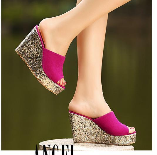 Sexy2019 Sequined Glitter Platform Wedge Women Sandals Shoes Beach Slipper Blue Fuchsia Size To