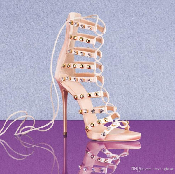 Sexy2019 Luxury Multi Strappy Rivets Rhinestone Lace Up High Heels Sandal For Women Designer Shoes Size To