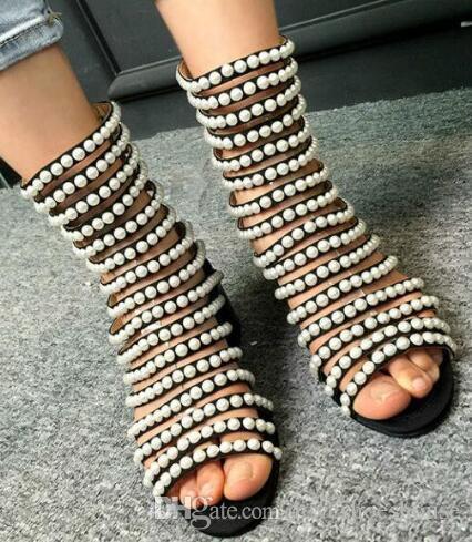 SexyDesigner Sandals High Heel Cut Out Open Toe Summer Sandal Ankle Boots Bling Bling Pearls Studded Gladiator Shoes Women