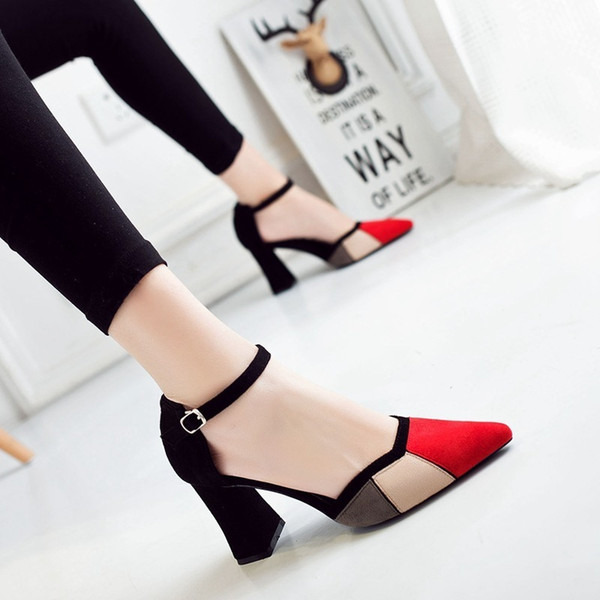 Sexy2019 Mouth Pattern Korean Spelling Color Small Fresh Girl High-heeled Shoes Woman Coarse With Sharp One Buckle Single Shoe