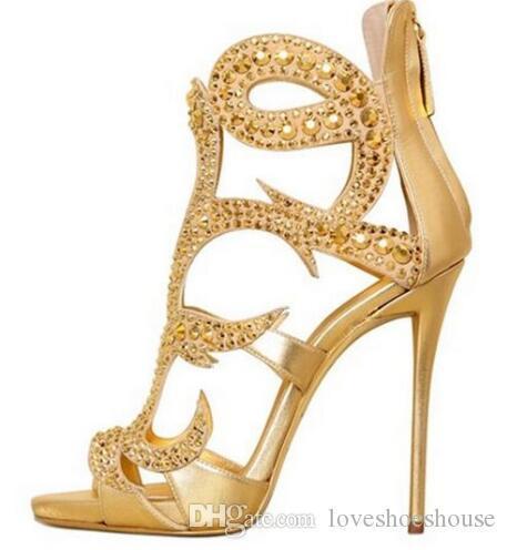 SexyLuxury Gold Crystal High Heel Sandals Women Peep Toe Cut-out Cage Shoes Back Zipper Gladiator Sandals Boot For Women Big Size