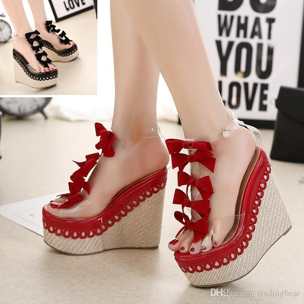 Sexy2019 Sweet Red Small Bowtie PVC Transparent Straw Woven Platform Wedge High Heel Sandals Size To