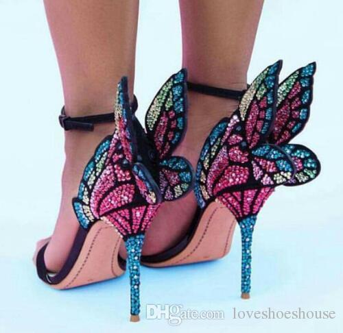 SexyArrivals Multicolor Rhinestone Sandals Female Shoes Luxury Crystals Heel Butterfly Sandals High Heel Bridal Party Shoes