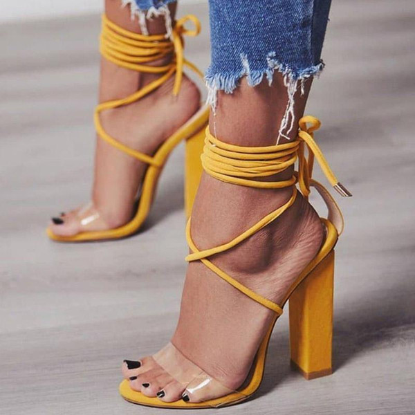 Pop 2019 Woman Shoes Chaussure Femme Cross-tied Lace Up Zapatos Mujer Ladies Summer Sandals Women Chunky High Heels Pumps Clear