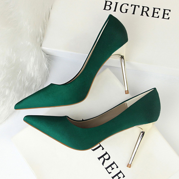 European and American style fashion simple women's shoes high heel satin shallow mouth pointy sexy nightclub single shoes high heels