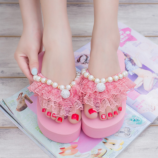 Wholesale-Designer Hot Sale 2016 Summer Lolita Woman Lace Beading Rhinestone Flip Flops Shoes Female High Platform Flat Sandals Slide Shoe