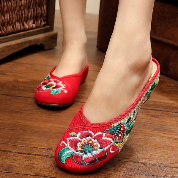 Wholesale-New Chinese Embroidered Slippers Hibiscus Canvas Linen Embroidery Ladies Casual Womens Shoes