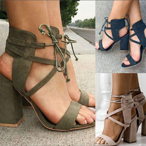 Sexy Women Pumps Open Toe Lace up Heels cross-tied Sandals Woman chunky sandals Thick with Women Shoes women High heels 3colors