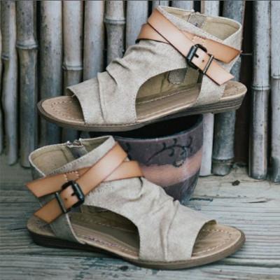 fashion Brown plus Size outdoor cheap women's sandals Summer casual flat with denim Roman retro buckle sandals female loafer