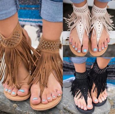 Brown plus Size Gladiator women's sandals Summer casual flat with Roman retro sandals tassel Rhinestone cheap female loafer toes