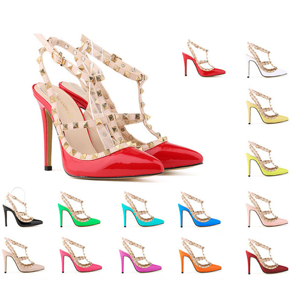 2018 High Quality Fashion Wedding Women Girls High Heels Heeled Pumps Dress Shoes Party Fashion Rivets Girls Sexy Pointed Toe Shoes
