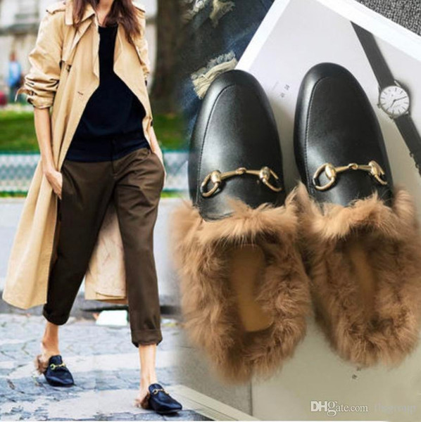 Newest Women Shoes Fur Mule leather flat Suede Metal Chain Slippers Loafers Shoes fashion outdoor slippers (With receipt dust bags boxes)