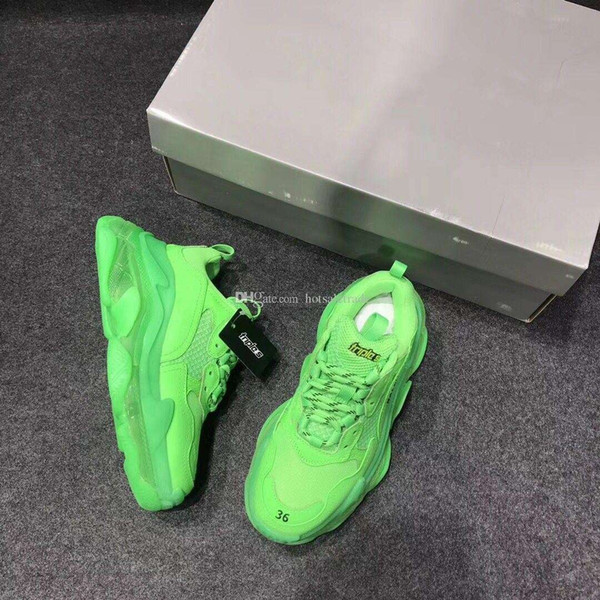 Triple S Casual Shoes Men Fluo Green Sneaker Women Leather Triple S Sneaker Low Top Lacing-Up Clear Sole Green Triple S Casual Shoes