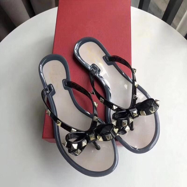 Fashion Summer Flip Flops Woman Rivets Women Sandals Bow knot Flat Slippers Girls Studded Cool Beach Slides Jelly Shoes size 37