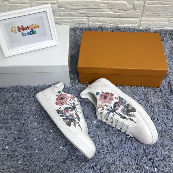 FrontRow Sneaker Men Low Top Casual Shoes Women White Leather Casual Shoes Lacing-Up Flat Shoes With Fashion Floral Print