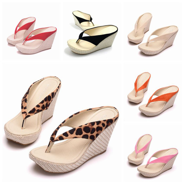 rystal Queen Fashion Summer Style Women Sandals High Heels Flip Flops Beach Wedge Sandals Leopard Print Platform Wedge shoes