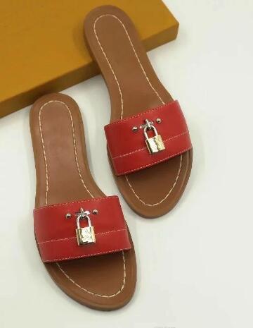 2019 lock it leather Designer Slippers red fashion 35-41 Women with box lady Dust bag flat slider