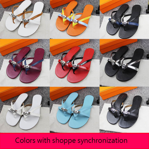 2020 Top Fashion flip flops Or Genuine Leather Letter H Women Slides 24 Colors Women Flip Flops Sexy Sandals Flats