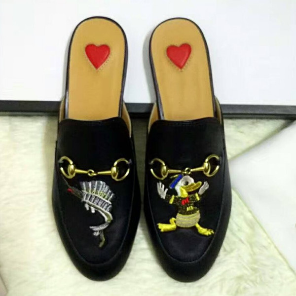 Lady Brand Flats Shoes Summer Slippers Cow Leather Non-slipping Sole High Quality OriginalPackageCartoon embroidery (Dust Bag,Box)