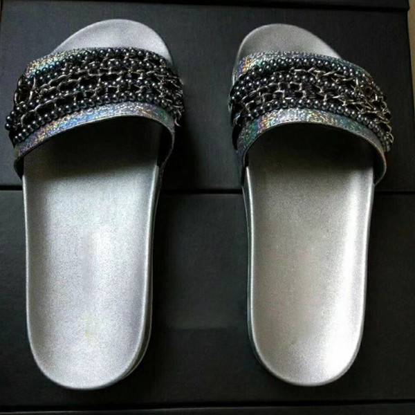 New Arrival Fashion Gold Chain Lady's Flat Slippers Women Sandals Top Dark Blue Green Casua