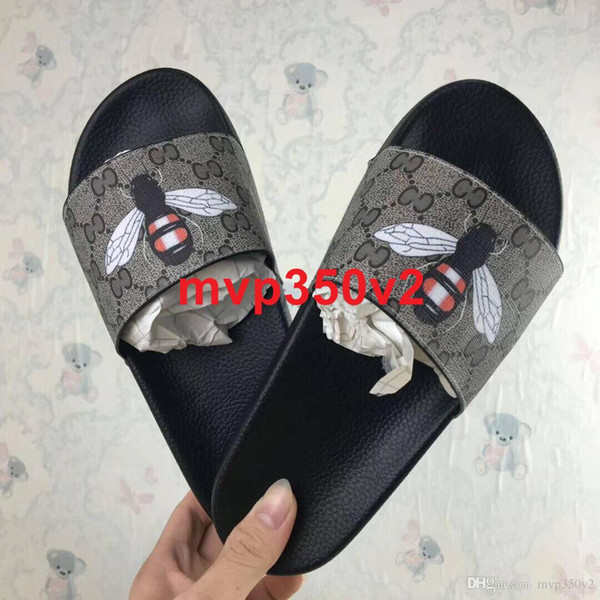 2019 Luxury Designer Mens Womens Summer Sandals Beach Slide Luxury Slippers Ladies Designer Shoes Print Leather Flowers Bee 36-46 With Box