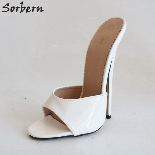 Sorbern 18cm white shiny slippers women slip on peep toe summer style shoes ladies stilettos slides runway shoes women 