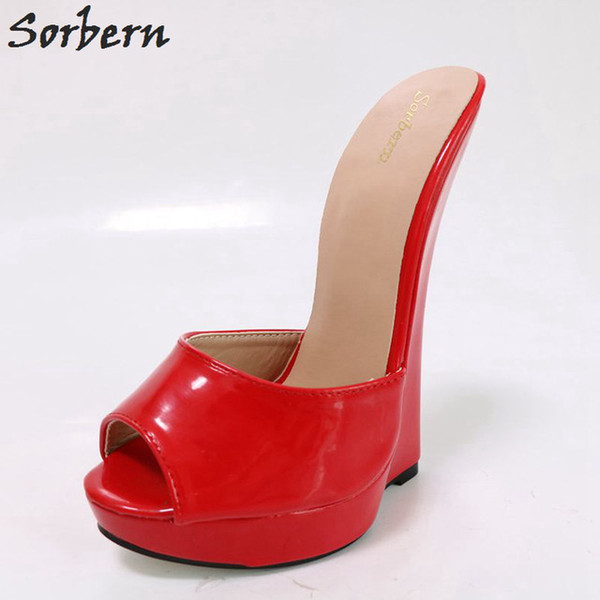 Sorbern Fashion Red Slippers Women Open Toe Slip On Mules For Women Slides Summer Sandal Shoes Unisex Plus Size Platform Heels