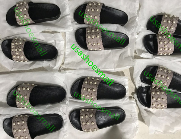 new arrival mens and womens 2019 fashion causal flat slide sandals with Pearl effect and gold toned studs