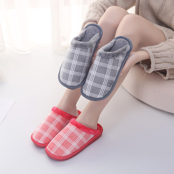 Winter shoes Grid pattern Indoor household slippers Keep warm Plush thickening Non-slip Women casual shoes Thick sole Cotton-padded shoes D1