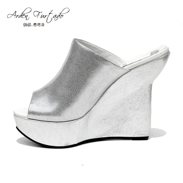 girls new 2017 summer genuine leather extreme high heels peep toe slides wedges silver shoes for woman platform 16cm footwear women slippers