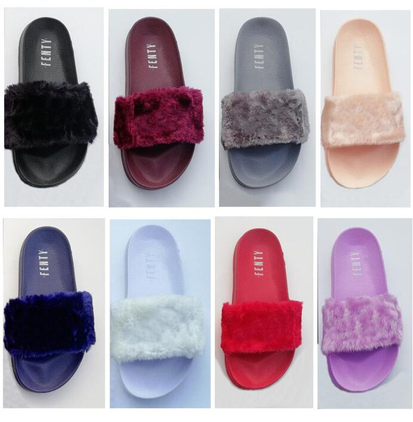 Leadcat Fenty Rihanna Faux Fur Slippers Women Girls Sandals Fashion Scuffs Black Pink Red Grey Blue Slides High Quality With Box