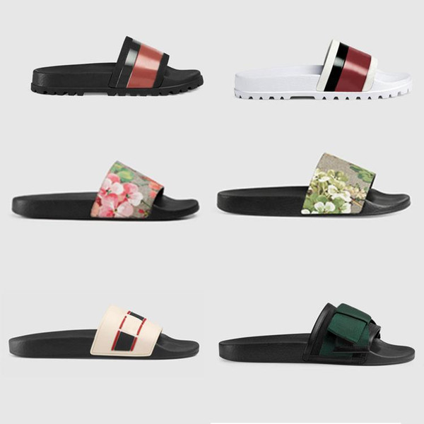 2019 Designer Rubber slide sandal Floral brocade men slipper Gear bottoms Flip Flops women striped Beach causal slipper with Box US5-11