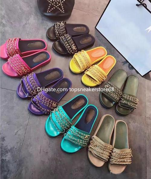 Classic designer luxury designer ladies designer chain smooth sandals outdoor beach fashion casual wild rubber flat slippers