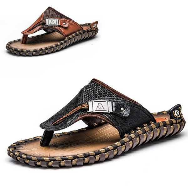 Genuine leather Mens flip flops high quality hand made slippers big size slippers summer beach slipper antiskid sandals zy949