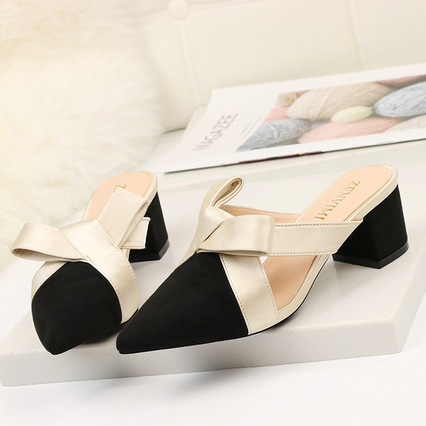 Chunky heel women slippers faux suede bowtie women slippers pointed toe women's slipper chunky heel woman slipper elegant woman sandal zy306