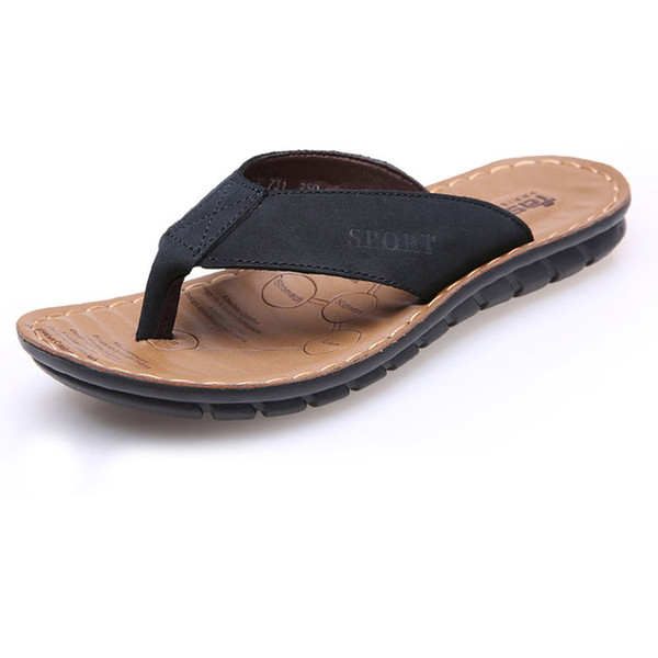 Wearproof Men flip flops massage genuine leather men slippers summer cool cow leather slippers for male outdoor baboosh zy296